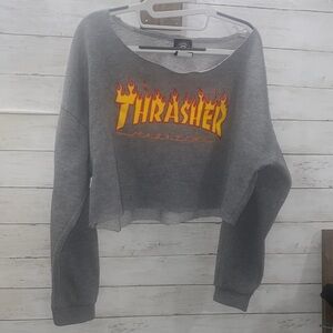 Thrasher Gray off the shoulder Cropped Sweatshirt with Fiery Logo